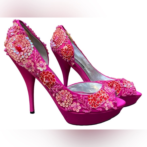NINA NEW YORK Fuchsia Pink “Sadi” 3D Sequin Floral Flower Peep Toe Pump Heels,10 - Picture 4 of 11